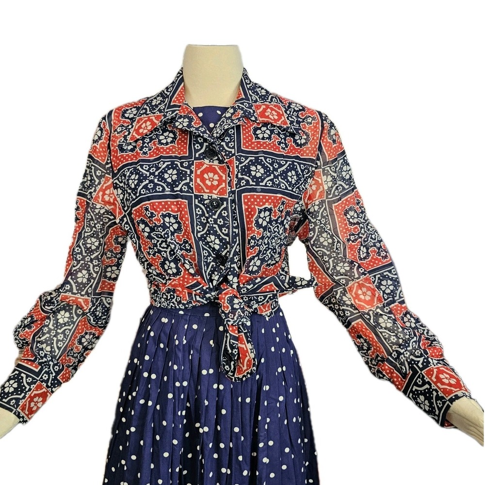 Vintage 1970s Blouse Top Shirt Red White Blue Bandana Print Pointed Collar